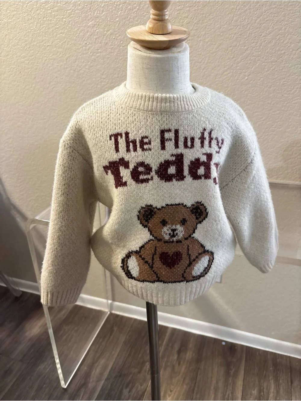 Zara Cream Knit Teddy Sweater with Brown Bear and Burgundy Accents